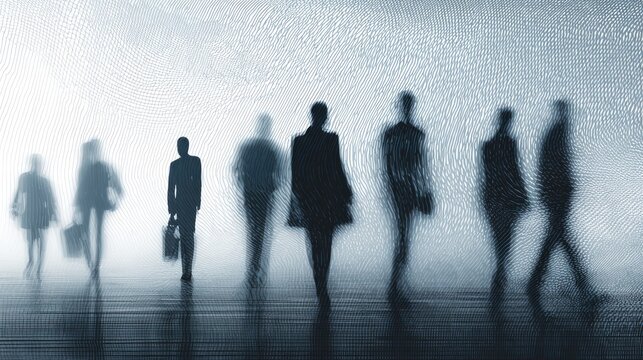 Silhouettes of people walking in a hazy, abstract space