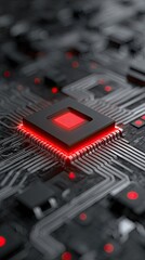 Close-up of a glowing CPU chip on a circuit board