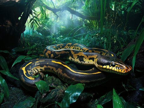 A Burmese python slithering through dense jungle undergrowth, blending into the environment