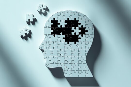 Human head made of puzzle pieces with missing parts represents memory loss