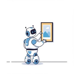 Naklejka premium White and Blue Robot Hanging a Landscape Picture on a White Wall