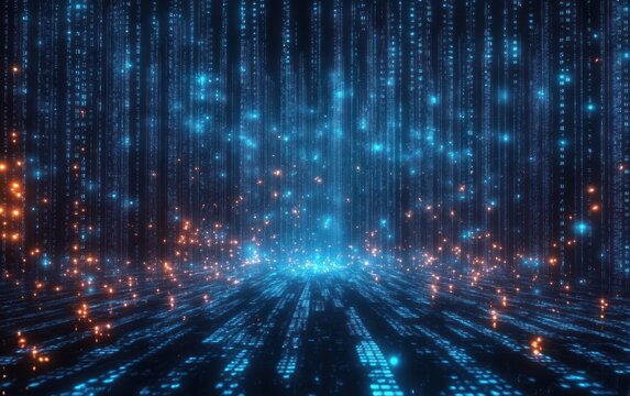 Digital matrix environment with cascading blue and orange glowing code and data streams creating a futuristic immersive atmosphere