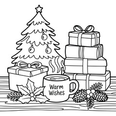 Flat Christmas drawing, black and white collection vector illustration