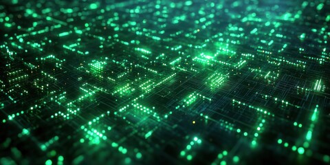 Fototapeta premium Futuristic digital grid composed of glowing green light dots and interconnected circuitry lines creating an abstract high-tech network