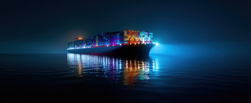 The illuminated cargo ship navigating through misty waters at night.