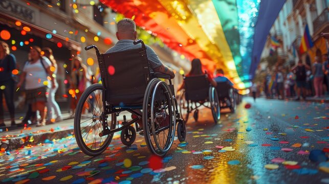 Inclusive happy disabled wheelchair users celebrating pride street parade waving rainbow flags confetti. Gay people handicapped disability partying queer non-binary crowd Inclusion diversity