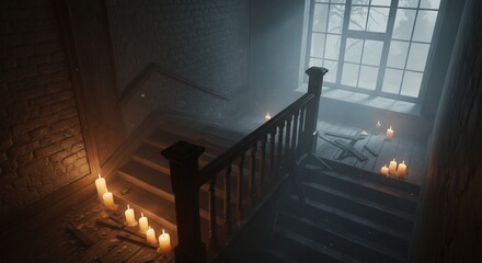 Obraz premium A dark interior stairwell lit by candles The stairs are wooden with broken boards A large window shows a misty exterior