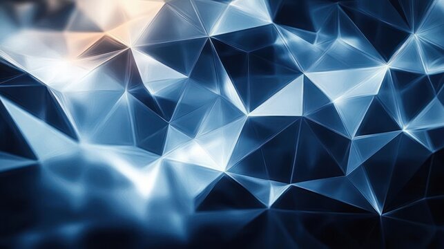 Abstract geometric pattern of interconnected translucent blue and white triangular shapes with glowing light effects creating a futuristic and dynamic atmosphere