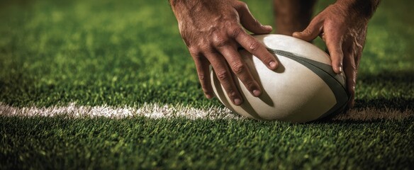 The rugby ball being positioned for a strategic play on the field.