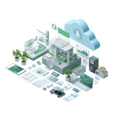 Naklejka premium An isometric view of a modern workspace, filled with digital and physical elements, showcasing a blend of technology and organization