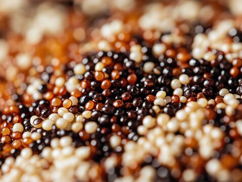 A close-up of cooked tricolor quinoa, each grain distinct and glistening