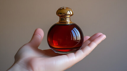 A hand holding a round amber glass perfume bottle with a gold cap against a neutral background