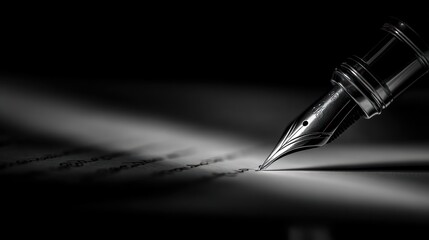 Fountain pen writing on paper, with dramatic lighting