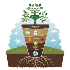 Plant-shaped eco infographic with roots (Recycle, Conserve, Grow), eco-branches, students, and natural textures.