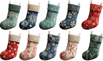 Row of Christmas stockings with snowflake patterns