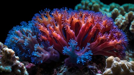 Close up shot of a vibrant coral formation with blue and orange polyps in a dark aquatic setting