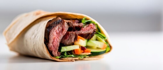 The delicious beef wrap with fresh vegetables in a tortilla served elegantly.