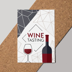 Wine tasting invitation with minimalist bottle and glass design in elegant charcoal, red, and off-white.