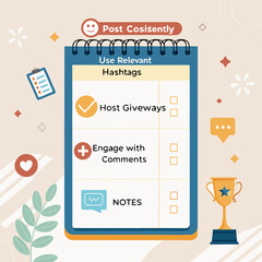Social media engagement checklist with icons, progress bar, and friendly warm design.