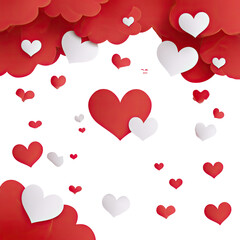Red and white hearts raining from red clouds