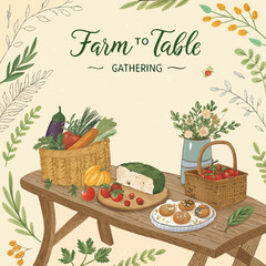 Rustic farm-to-table invitation with hand-drawn table, earthy colors, calligraphy text, and farm tool icons.