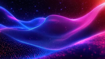 Abstract digital landscape with flowing waveforms made of glowing blue and pink particles under a dark starry background