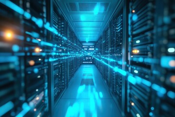 High-Tech Data Center with Rows of Server Racks and Bright Blue Lights Illuminating the Space.