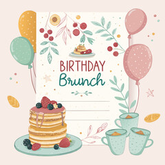 Whimsical brunch invitation with pancakes, coffee, balloons, pastel colors, playful text, and interactive RSVP/menu.