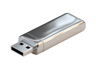 Front view silver 3D USB flash drive icon isolated on transparent background PNG