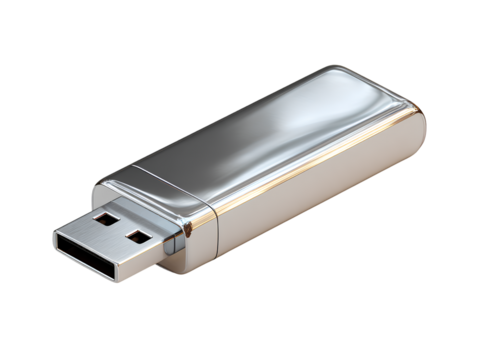 Front view silver 3D USB flash drive icon isolated on transparent background PNG