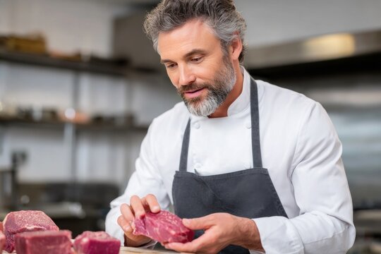 Chef examining fresh red meat in restaurant kitchen
