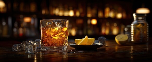 The inviting whiskey glass with lemon slices on a rustic bar.