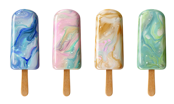 Four colorful ice pops with swirling marble patterns