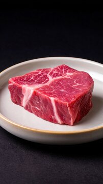 Raw beef top blade steak on small plate resting on black background