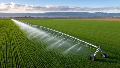 Automated irrigation system watering green crops in cultivated field