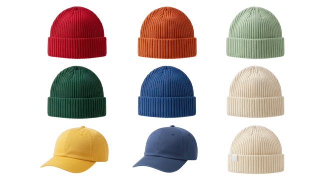 Collection of colourful beanies and caps  
