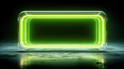Green neon glowing rectangle frame with empty space, isolated on transparent background