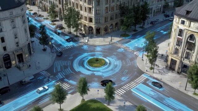 Smart City Intersection: An aerial view of a busy city intersection where futuristic technology merges with historic architecture, depicting intelligent transport and a vibrant urban landscape.