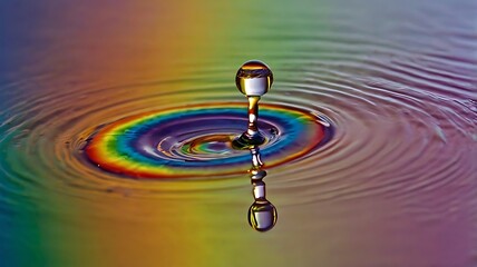 A water droplet falling into a pool of water creating ripples with rainbow colored reflections