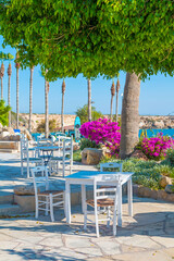 Traditional Greek restaurant in Paphos, Cyprus — whitewashed walls, blue accents, and blooming flowers set the scene for delicious local cuisine in a charming Mediterranean atmosphere.