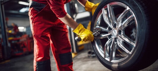 The mechanic working diligently on a shiny chrome tire in a busy workshop.