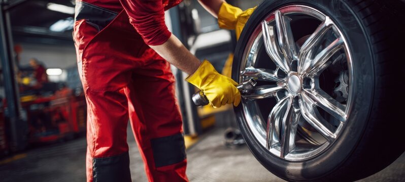 The mechanic working diligently on a shiny chrome tire in a busy workshop.