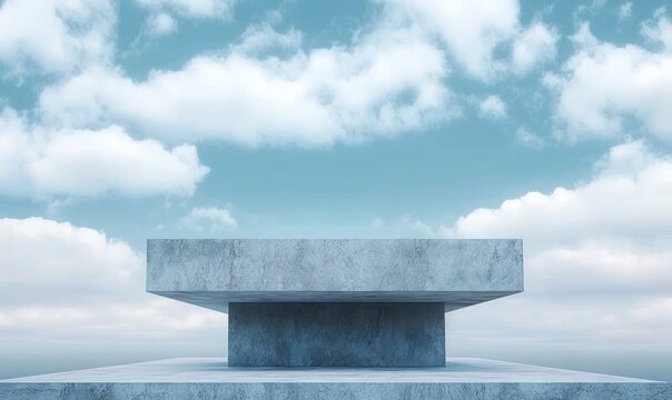 Minimalist concrete structure against a peaceful blue sky with soft clouds evoking calm and simplicity