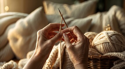 Cozy Knitting Hands Crafting Warmth with Yarn and Needles