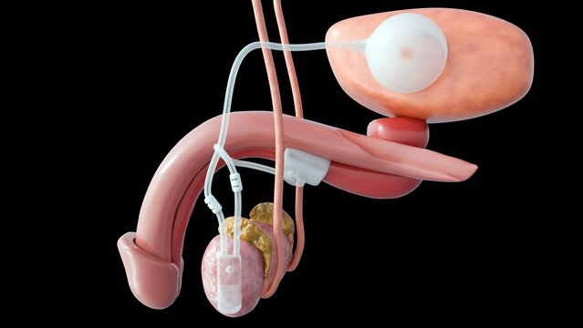 A 3D medical illustration of a male urogenital system with an implanted medical device, an artificial urinary sphincter. 