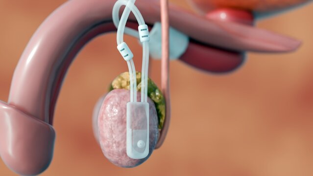A 3D medical illustration of a male urogenital system with an implanted medical device, an artificial urinary sphincter. 