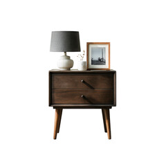 Mid-Century Modern Two-Drawer Nightstand with Table Lamp and Decor