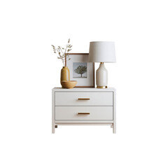 Modern Minimalist White Nightstand with Decor Table Lamp, Vase, and Framed Print
