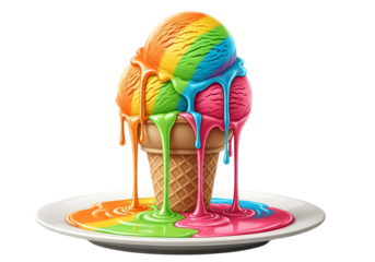 Rainbow ice cream cone melting on a plate, isolated on a transparent background