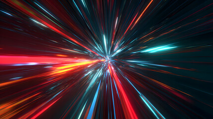 Abstract retro neon hyper warp space tunnel flight in 3d illustration with glowing vibrant futuristic design